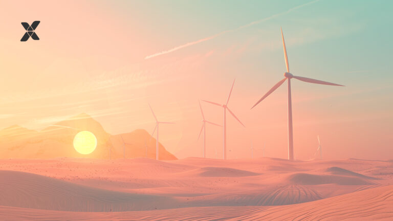 image of a sunset with mountains in the background and wind turbines, representing the green concept of the digital product passport initiative