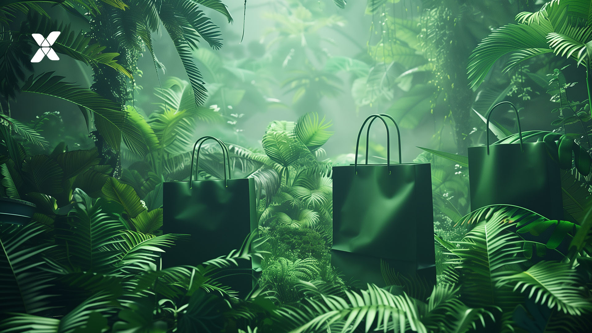 Green shopping bags in the jungle