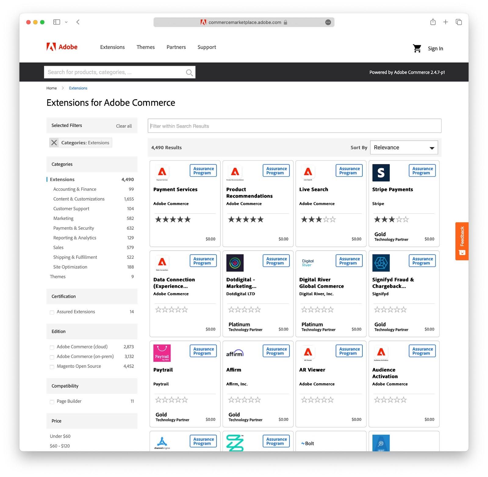 screenshot of extensions for adobe commerce