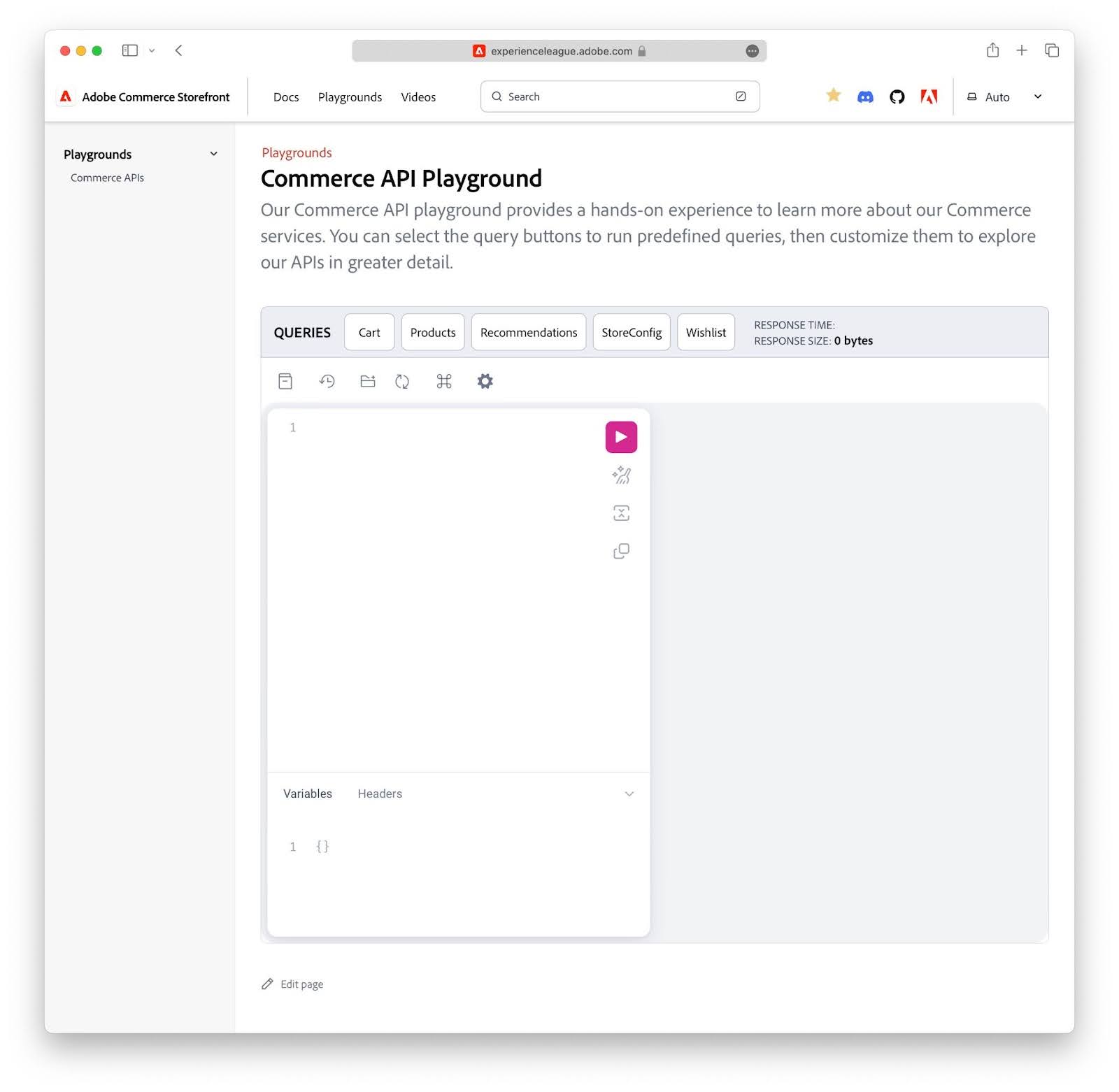 screenshot of commerce api playground