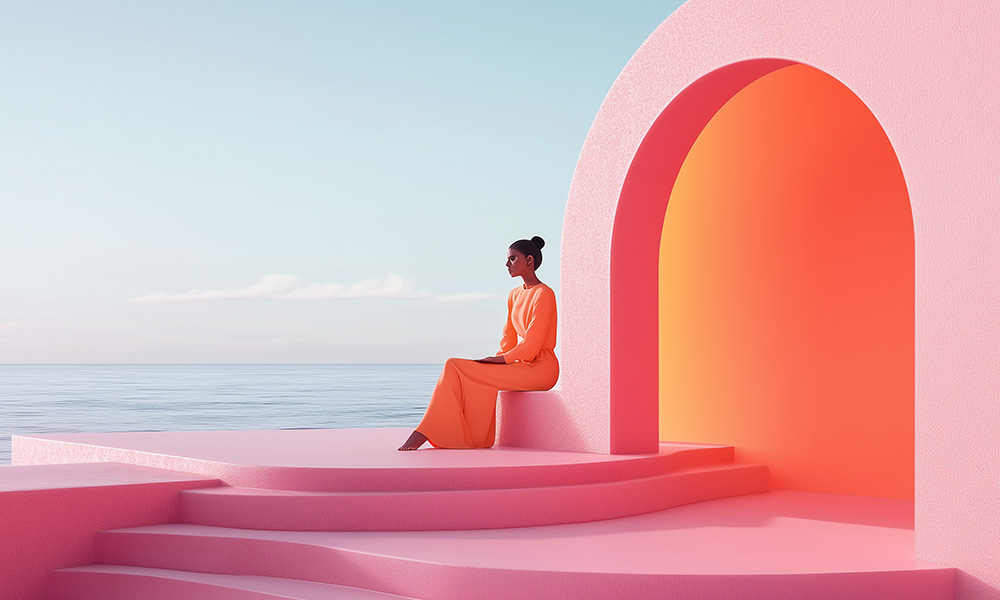 Abstract image, woman sitting on steps