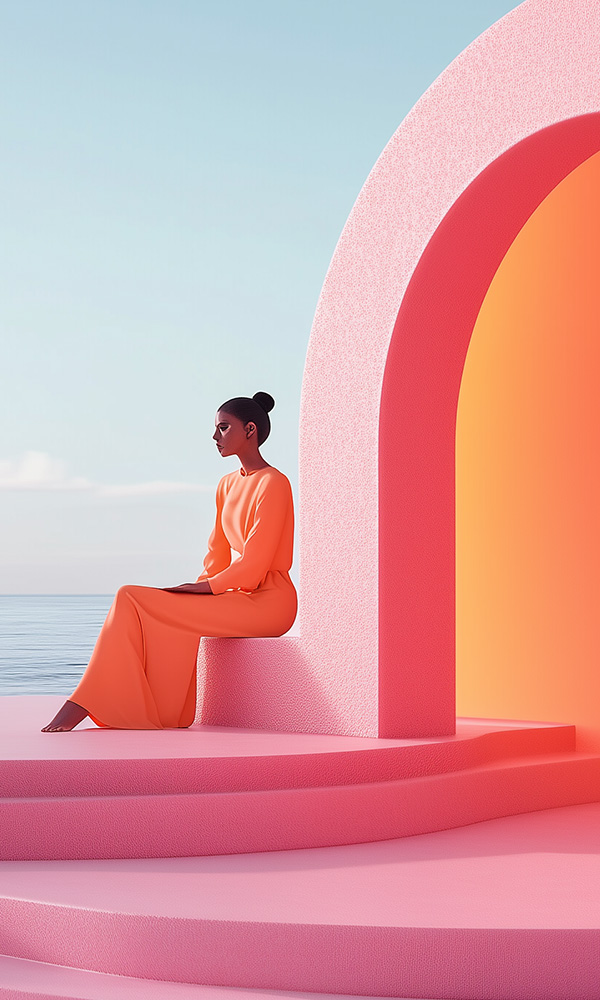 Abstract image, woman sitting on steps