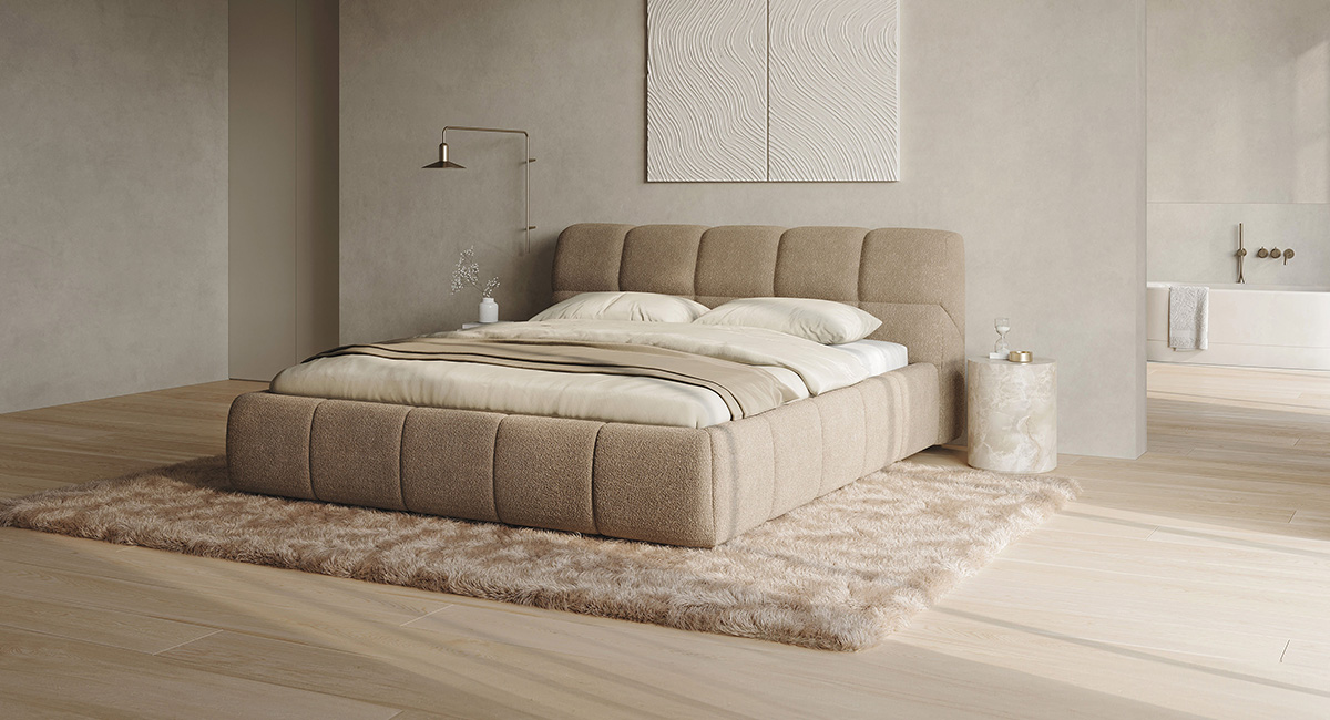 Beige bed with white bedsheets