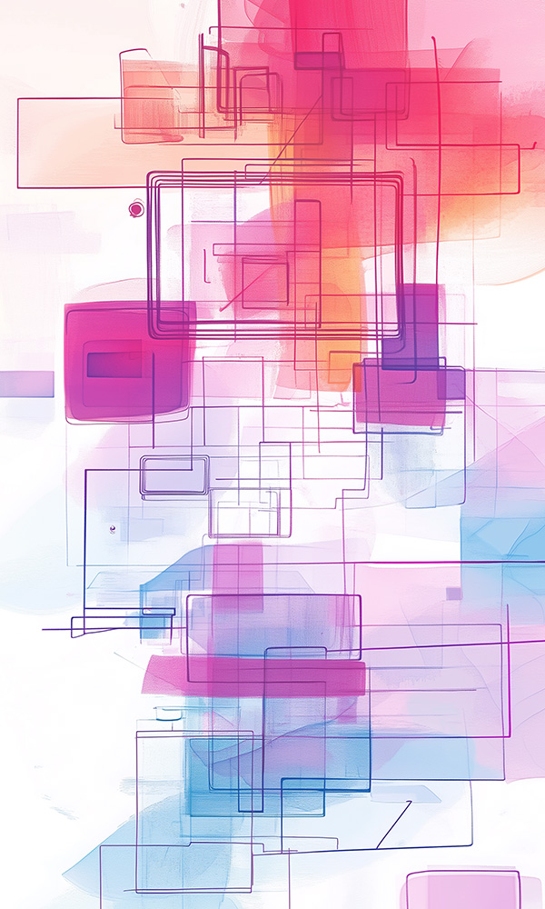 Abstract image with line art and colorful watercolor splashes in purple, orange and blue