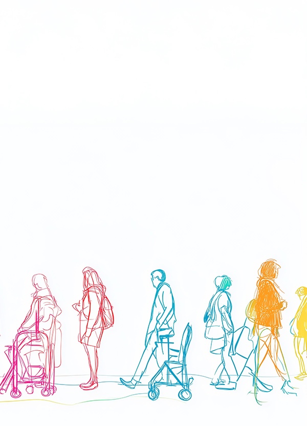 Colorful line art of a group of people walking in different directions